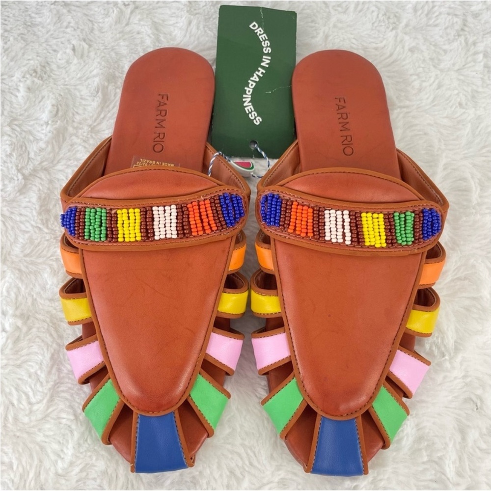 FARM Rio Tan Leather Beaded Multicolor Slide Sandals